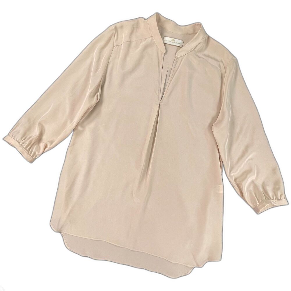 Amanda Uprichard Silk Tunic Blouse L Cream Split Neck Minimalist Quiet Luxury